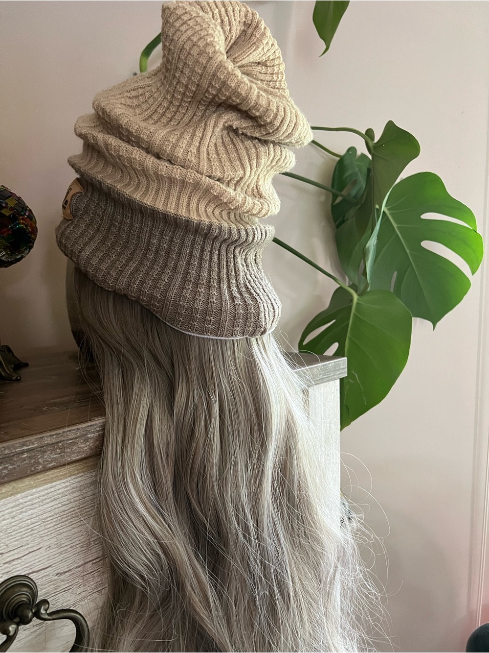 Classic Two-Tone Beige Slouchy Beanie with Long Ash Blonde Hairpiece